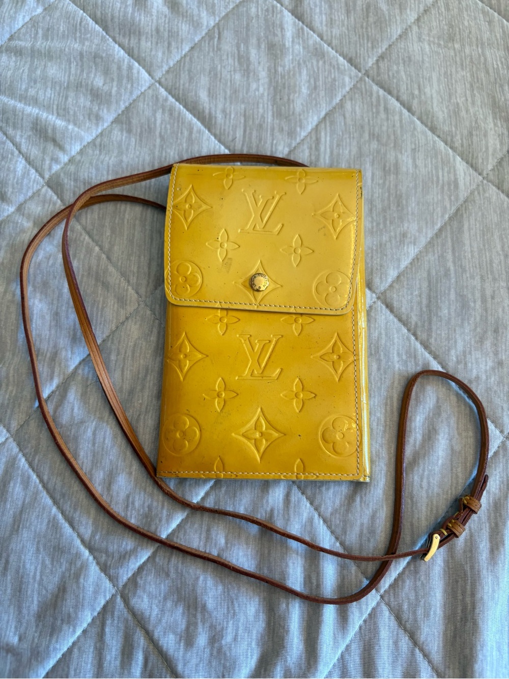 Louis Vuitton Yellow Monogram Vernis Crossbody Pouch with Brown Strap